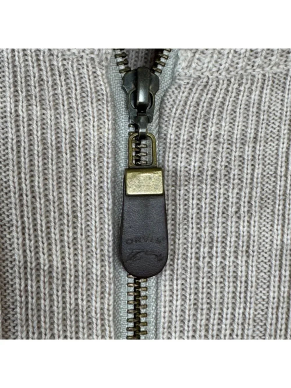 Orvis 100% Merino Wool Full Zip Beige Cardigan Men's Med Elbow Patches Academia